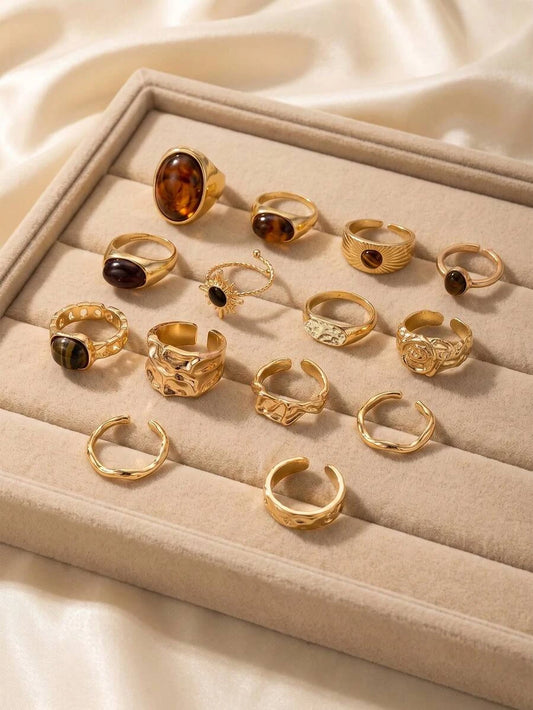 13pcs Fashion Luxury Vintage Sun Gemstone Open Ring Set, Designer Ins Style Metallic Glossy Wrinkled Finger Rings, Suitable For Party, Vacation, Gift For Friends And Family, Daily Wear