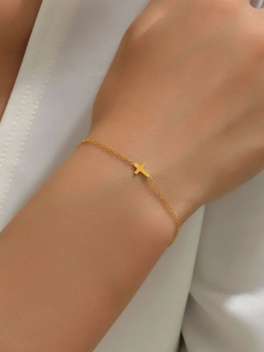 Gold Plated Stainless Steel Cross Bracelet