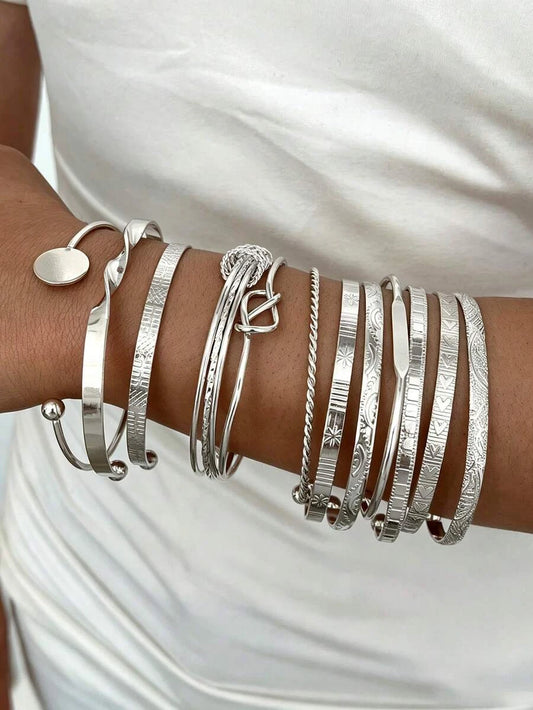 12pcs Vintage Exaggerated Luxurious Geometric Striped Twist Open Design Women Metal Silver Bangle Bracelet Set, Suitable For Daily Wear, Gift, Stackable