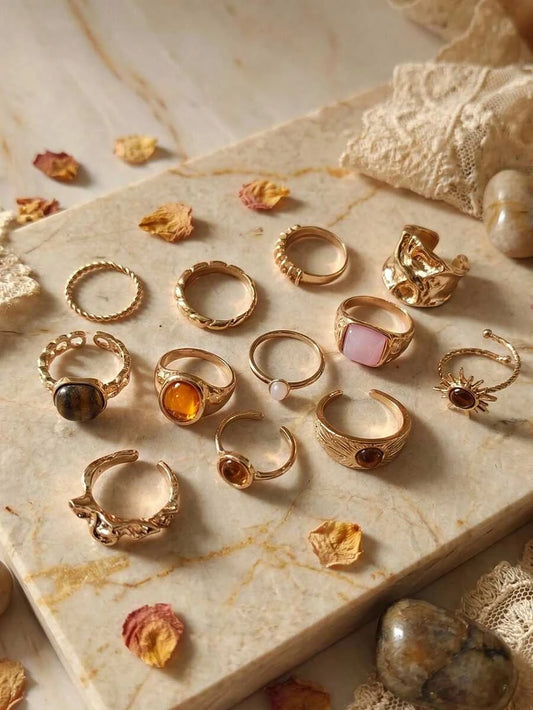 12pcs Set Minimalist Vintage Asymmetrical Sun Liquid Rings Set, Luxury Vintage Rings For Women, Suitable For Parties, Gifts, Daily Wear, Aesthetic