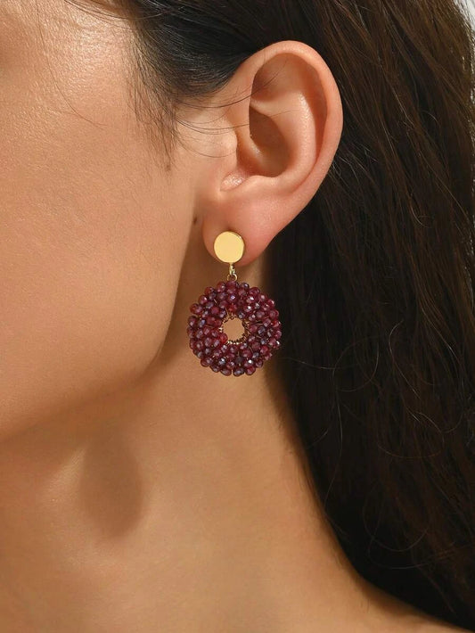 Burgundy Beaded Crystal Hoop Earrings