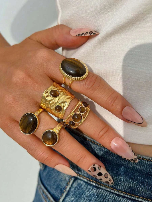 15/5pcs Vintage Old Money Style Elegant Fashion Faux Tiger Eye Stone Geometric Cross Hammered Hollow Ring Set Suitable For Women's Daily Wear