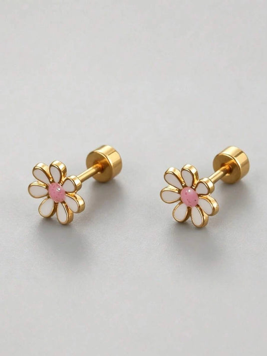 Gold Flower Screw Stud Earrings