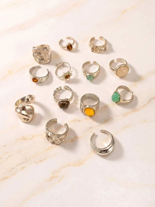 13pcs Sun Lava Liquid Metal Asymmetrical Flowing or Hammered Texture Vintage Bohemian Style Maximalist Multi-Size Ring Set, Suitable for Parties, Gifts for Friends and Family, Daily Wear