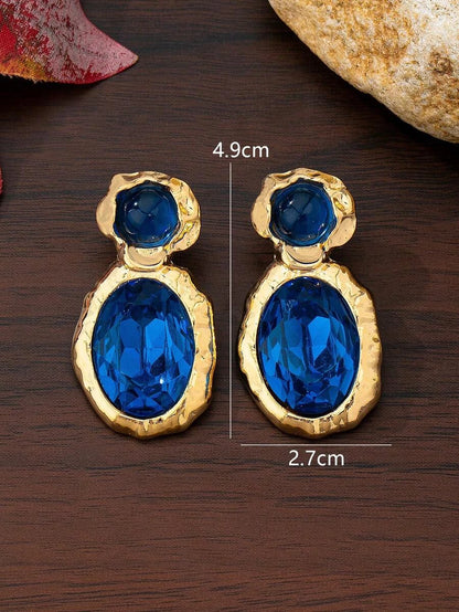 Minimalist Blue Oval Gemstone Asymmetrical Earrings