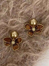 Retro Brown Enamel Pearl Flower Earrings