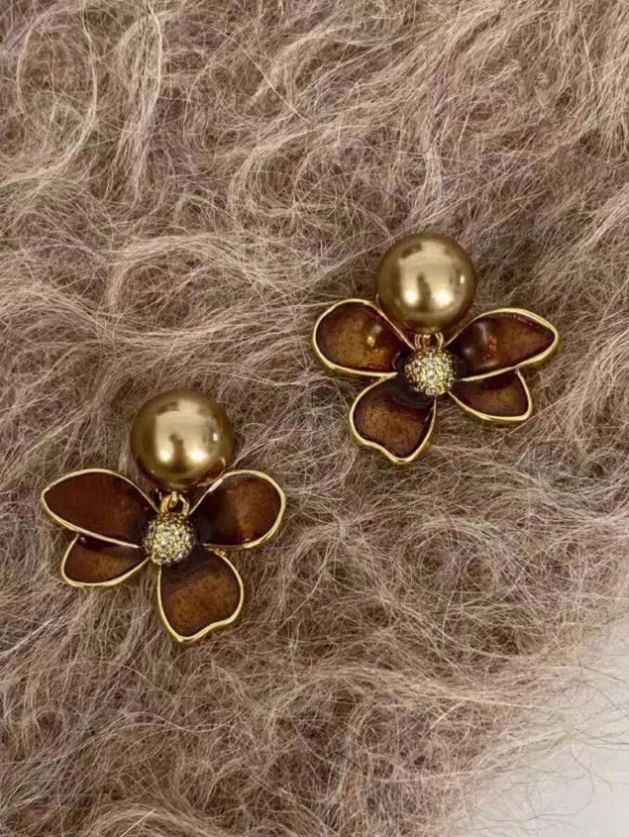 Retro Brown Enamel Pearl Flower Earrings