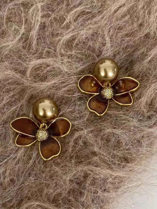 Retro Brown Enamel Pearl Flower Earrings