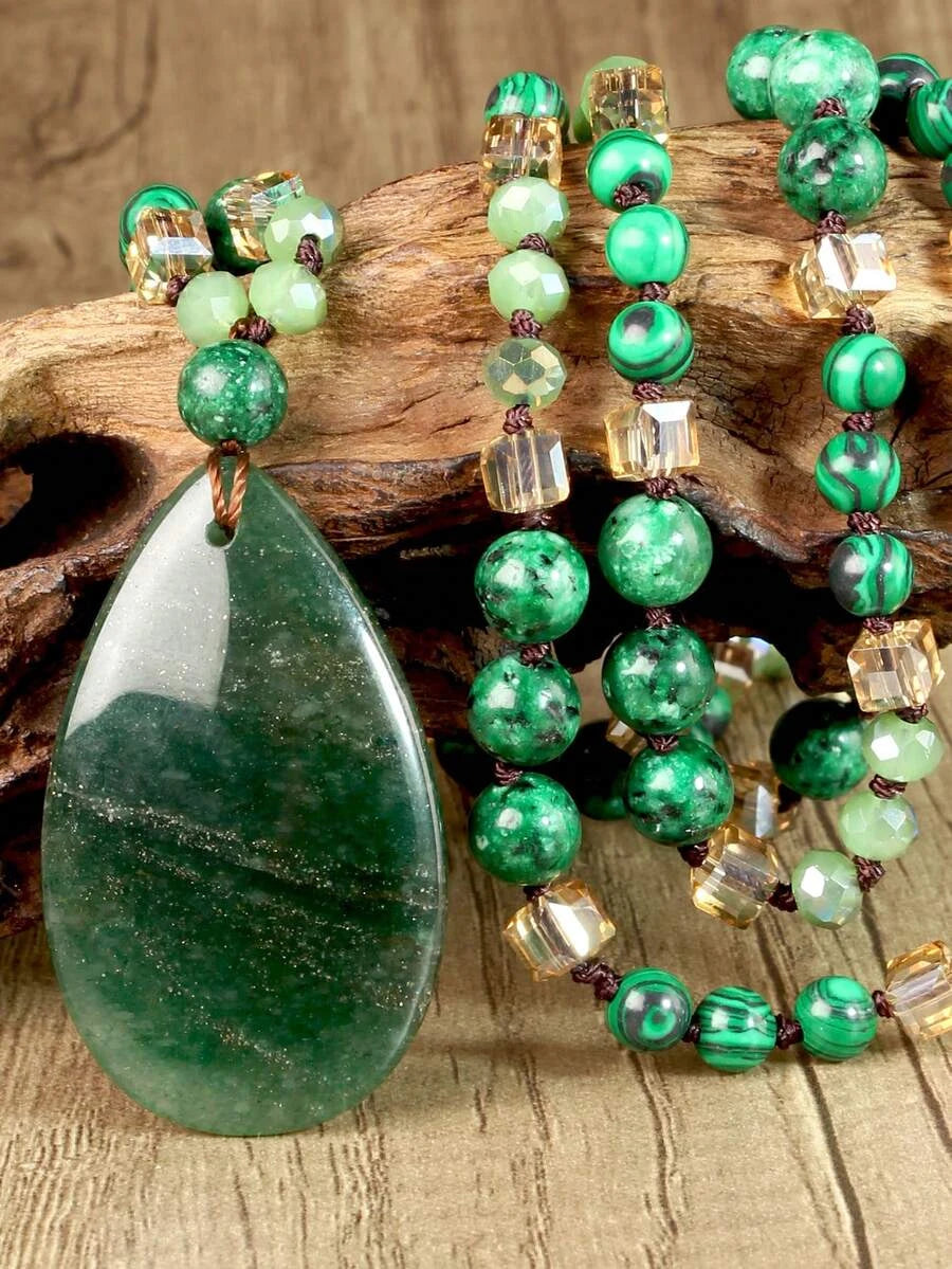 Vintage Green Agate Teardrop Pendant Necklace