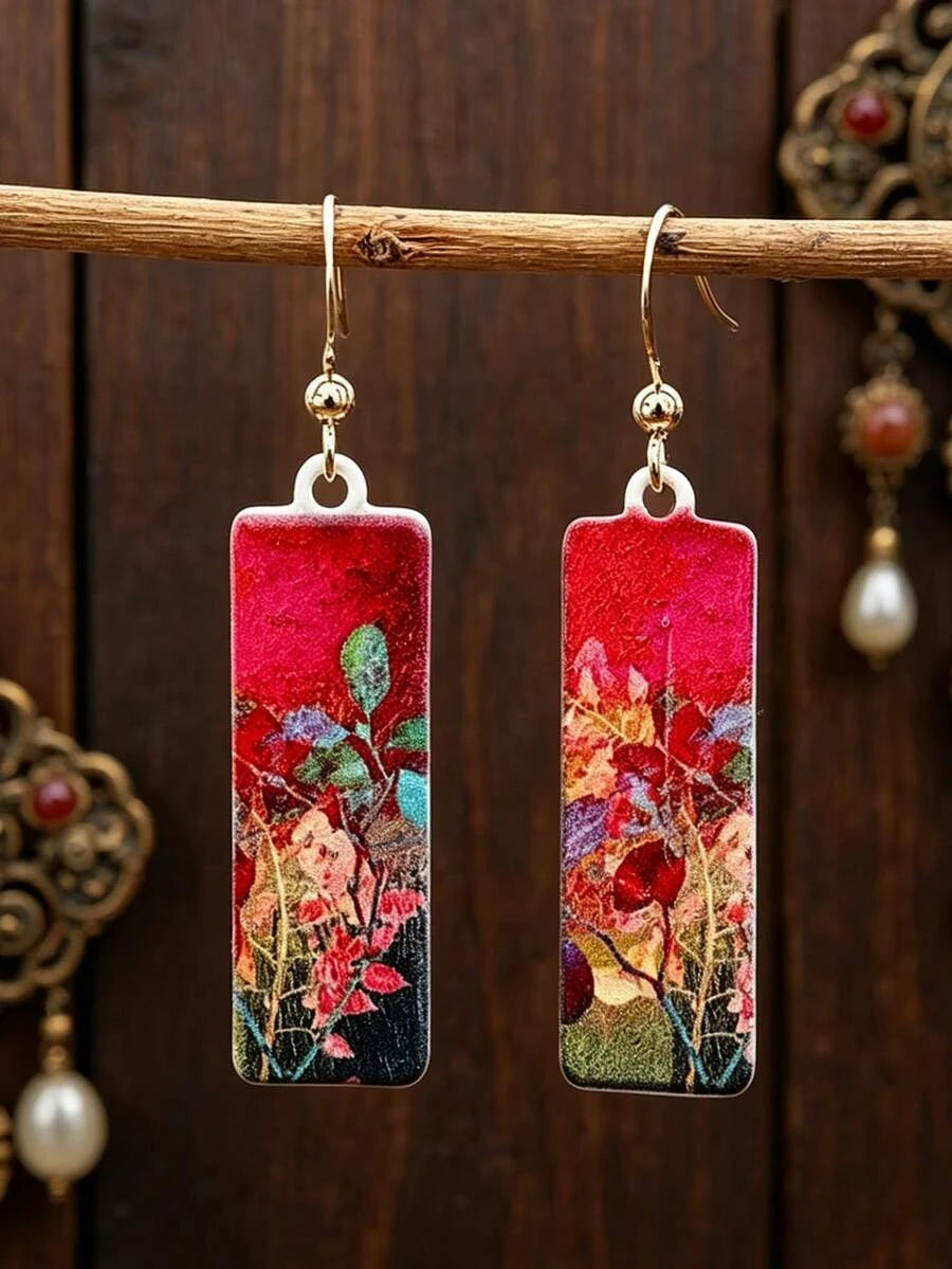 Oil Painting Floral Long Earrings