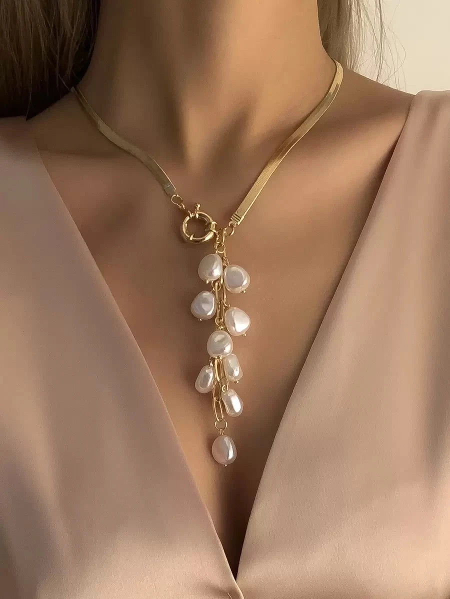 Faux Pearl Tassel Lariat Necklace