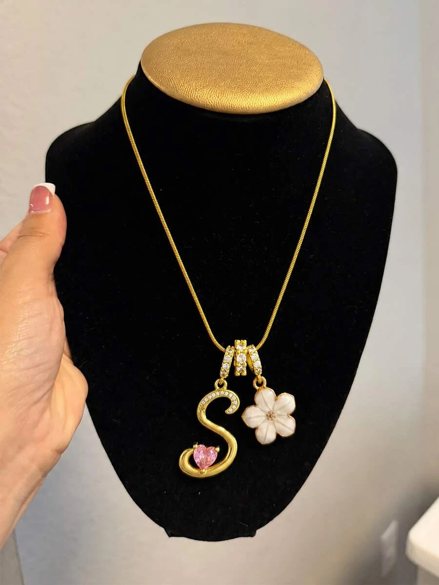 Pink Floral Heart Initial Necklace