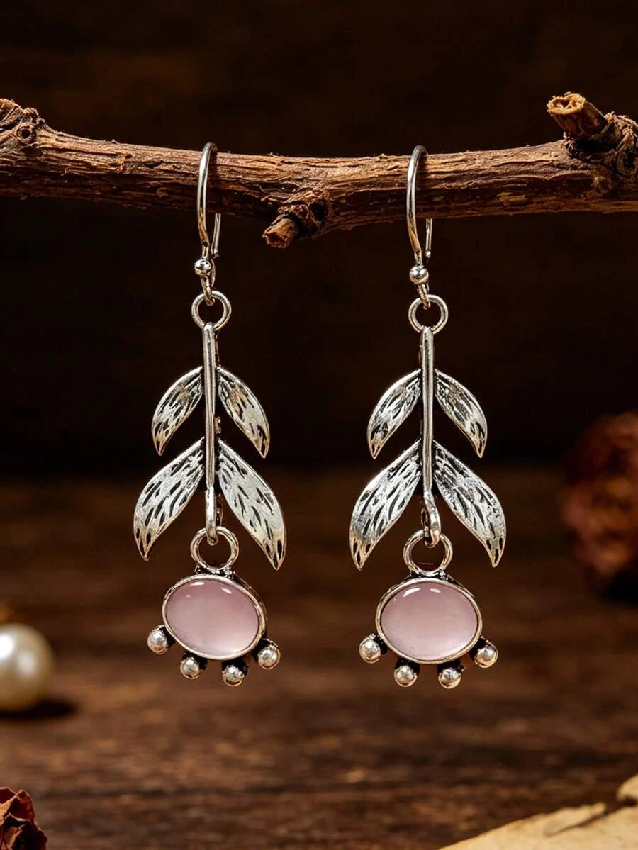 Vintage Rose Leaf Moonstone Earrings