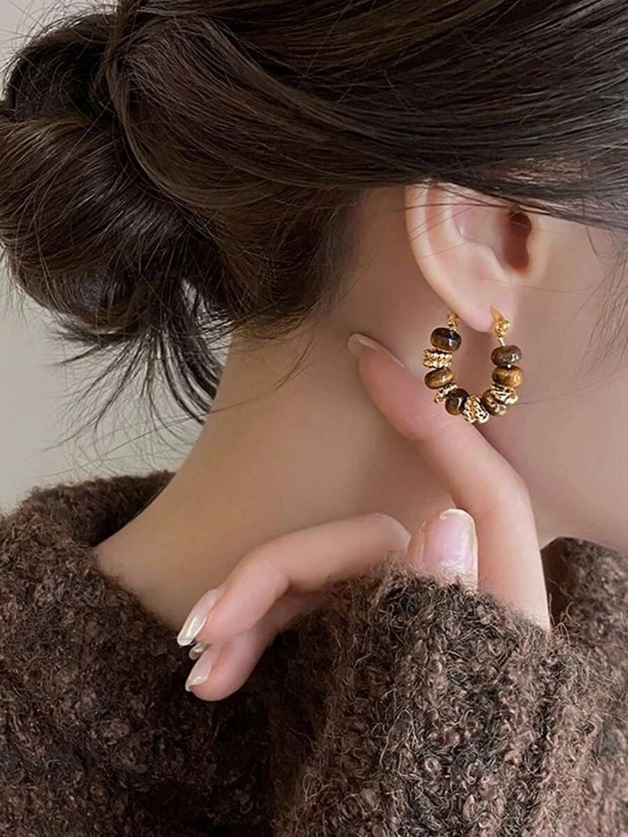 Tiger Eye Beaded Hoop Earrings