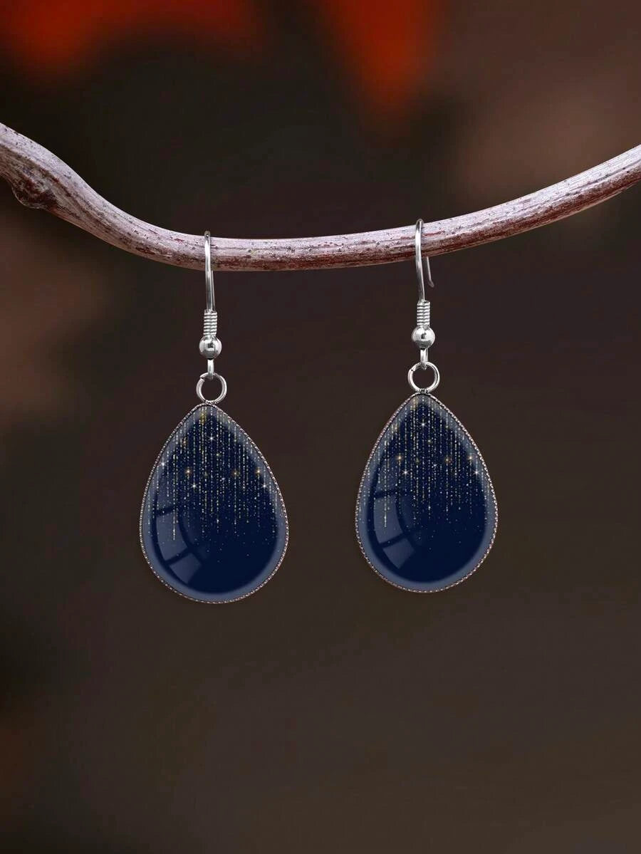 Navy Blue Starry Teardrop Earrings