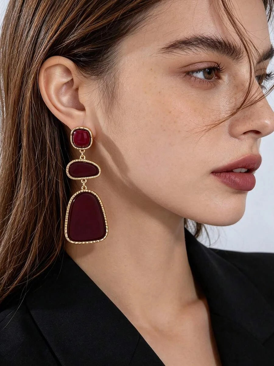 Vintage Burgundy Geometric Drop Earrings