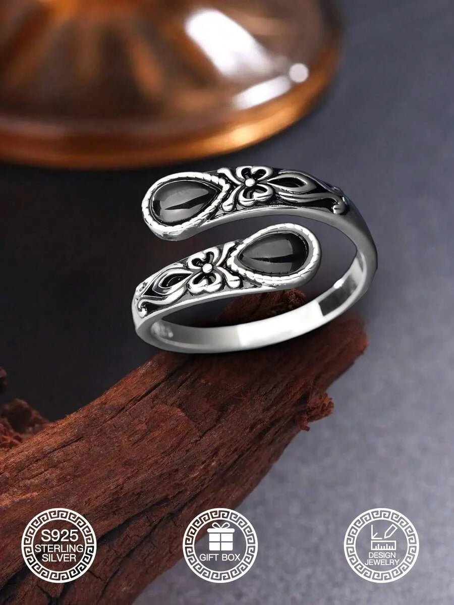 Sterling Silver Black Agate Spoon Ring
