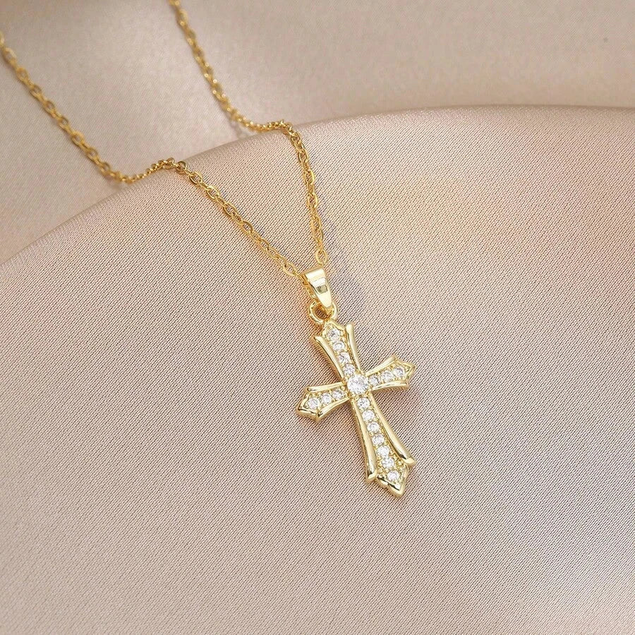 Gold Waterproof Stainless Steel Double Cross Necklace