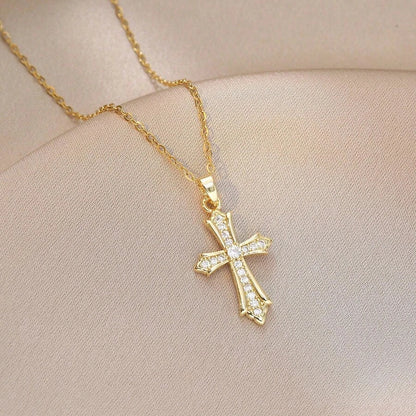 Gold Waterproof Stainless Steel Double Cross Necklace