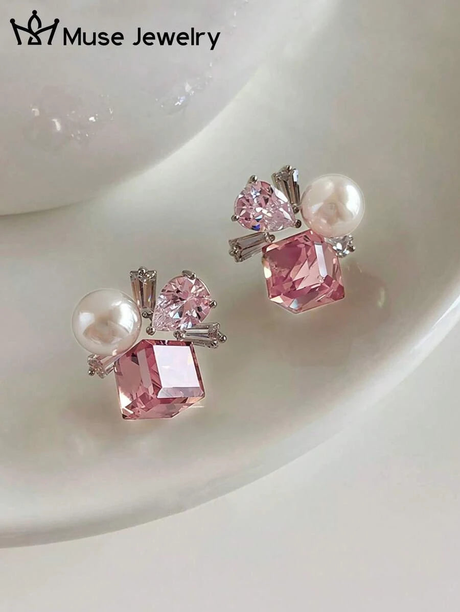 French Faux Pearl Glass Stud Earrings