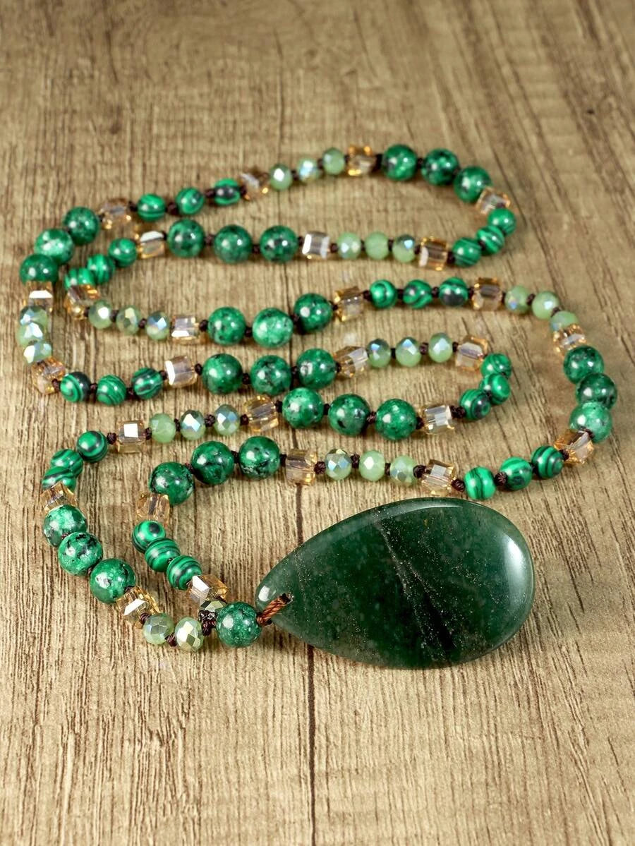 Vintage Green Agate Teardrop Pendant Necklace