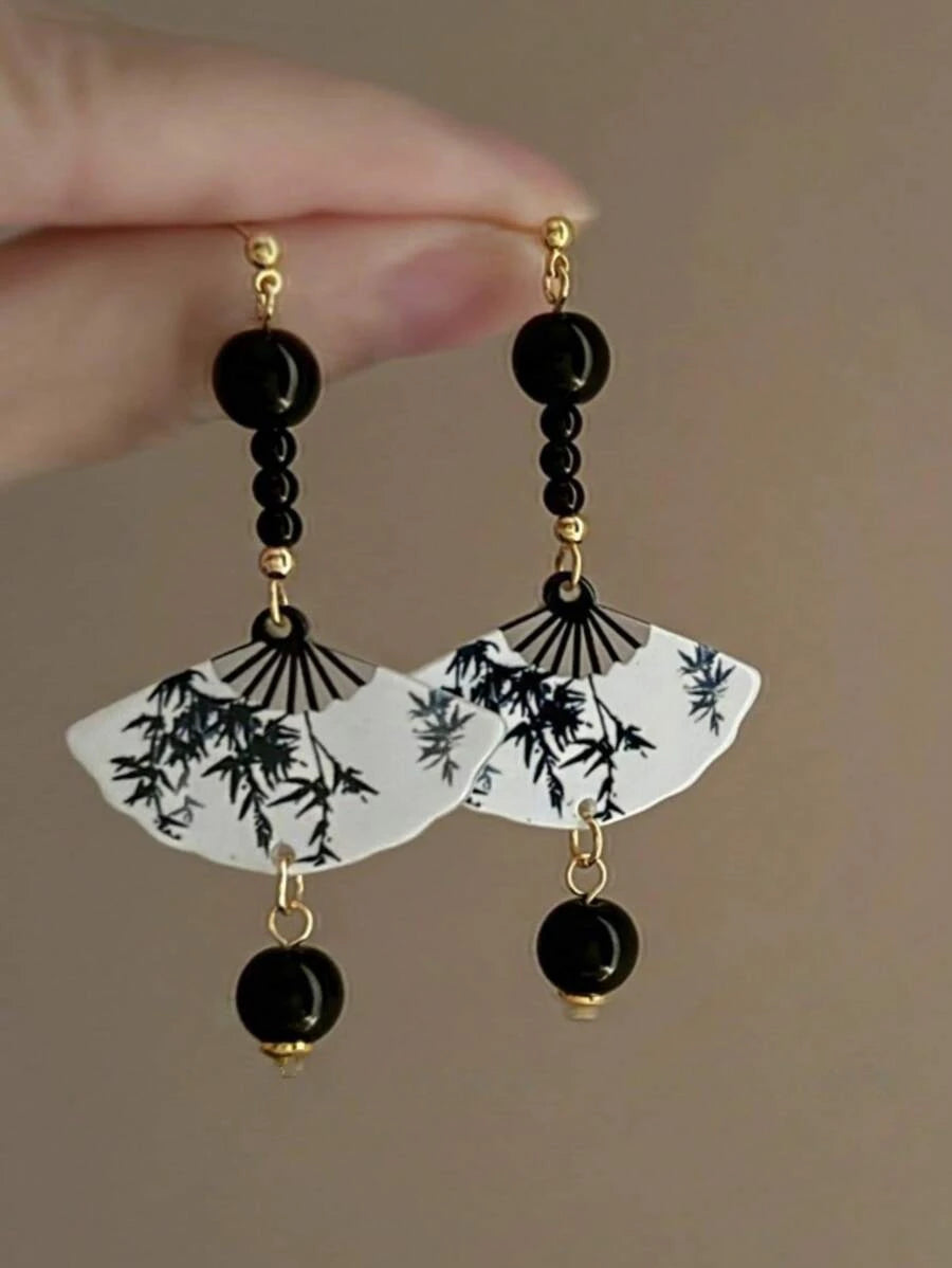 Retro Chinese Fan Resin Earrings
