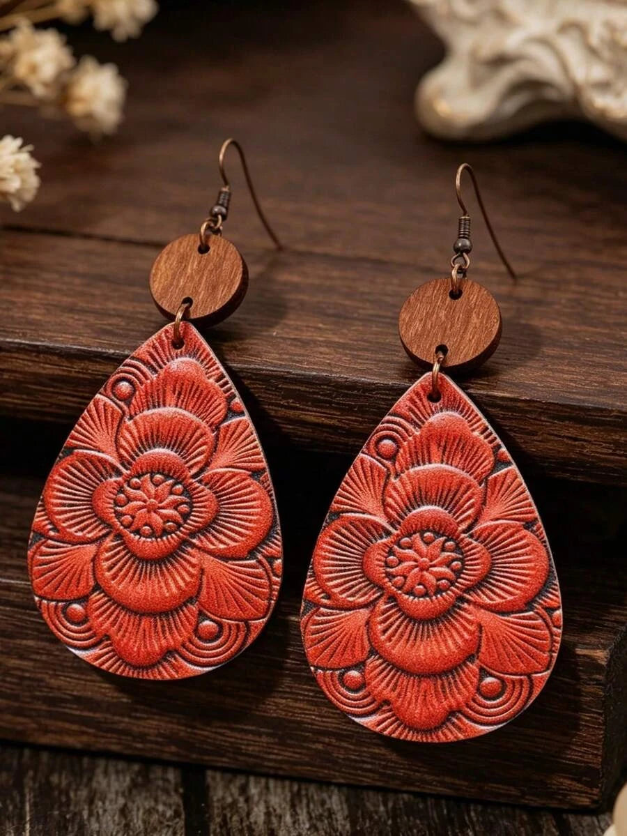 Vintage Carved Flower Teardrop Leather Earrings