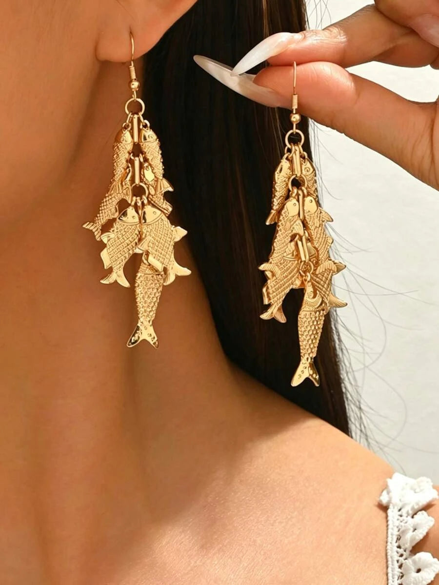 Vintage Golden Piranha Fish Drop Earrings