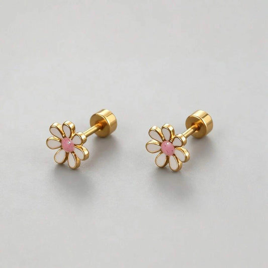 Gold Flower Screw Stud Earrings