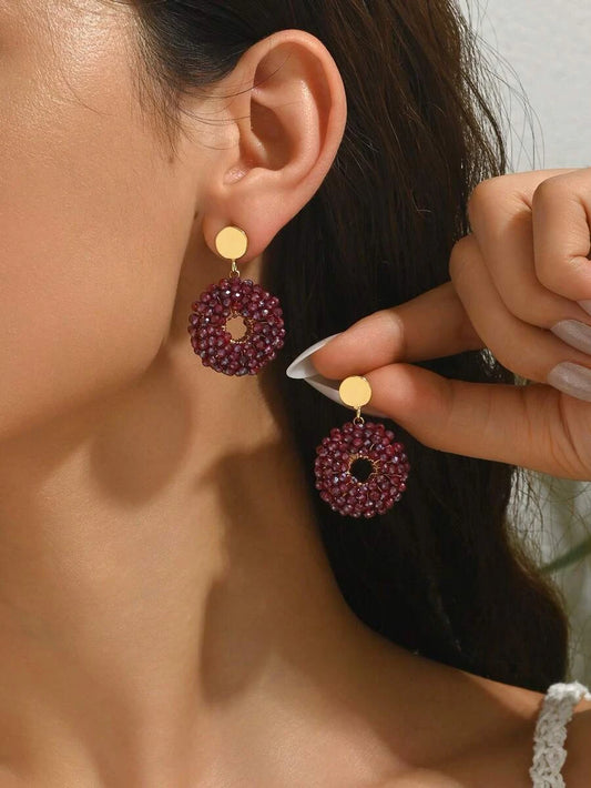 Burgundy Beaded Crystal Hoop Earrings