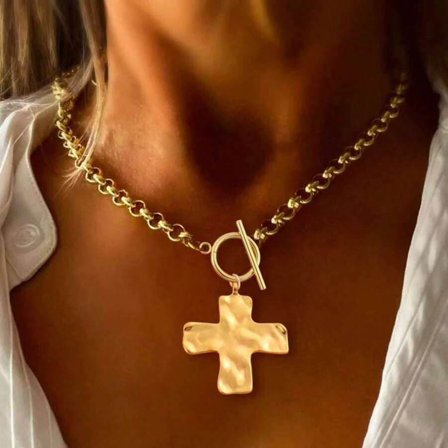 Minimalist Hammered Cross Pendant Necklace