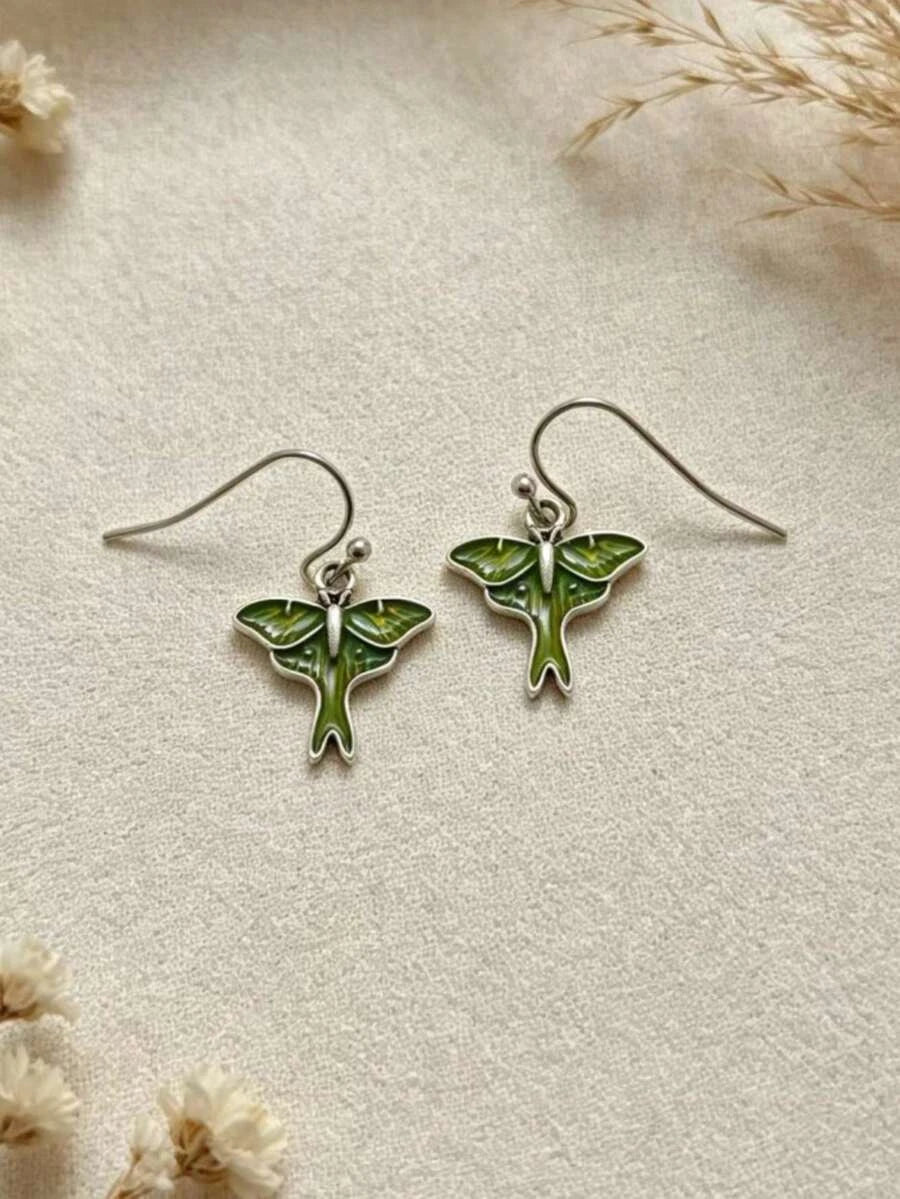 Vintage Green Moth Enamel Earrings