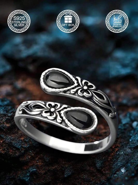 Sterling Silver Black Agate Spoon Ring