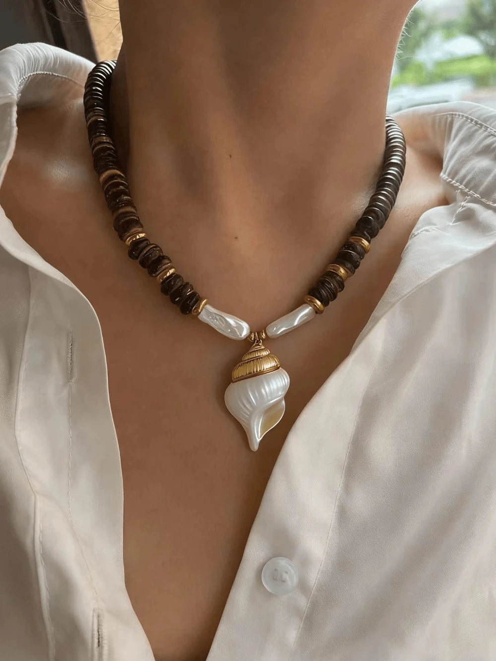 Beaded Stainless Steel Round Pendant Necklace