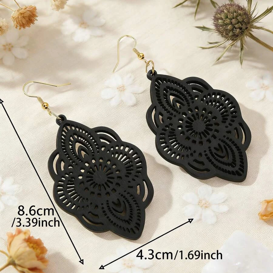 Wooden Lace Pattern Carved Pendant Earrings
