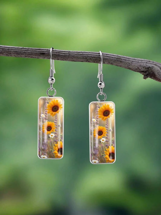 Vintage Sunflower Print Drop Earrings
