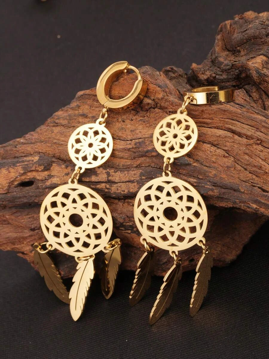 Gold Floral Vine Leaf Pendant Earrings