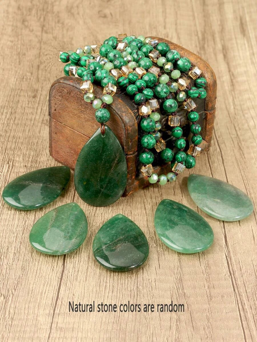 Vintage Green Agate Teardrop Pendant Necklace