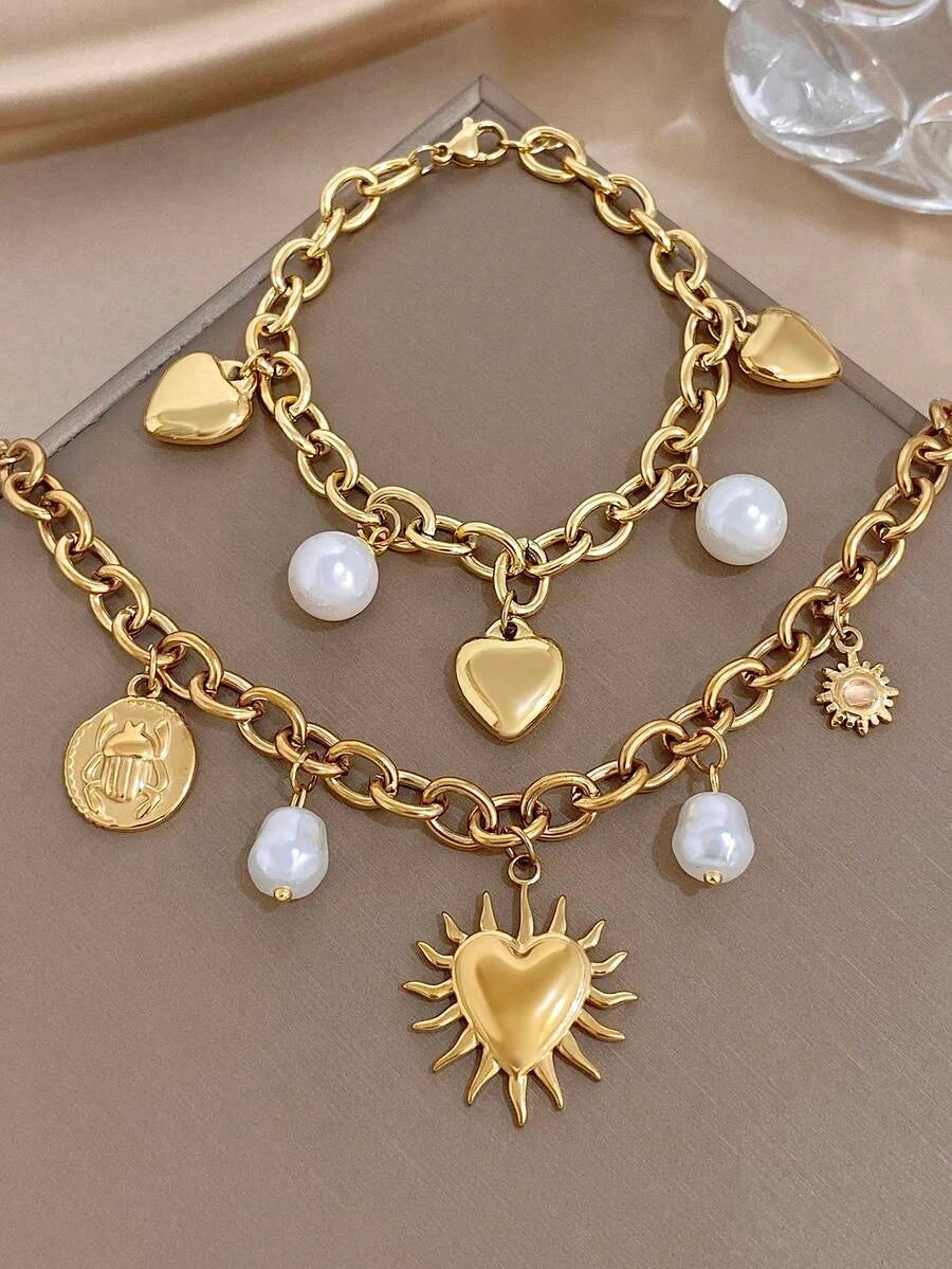 Golden Faux Pearl Heart Bracelet Set