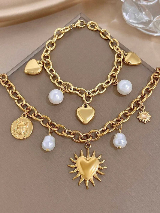 Golden Faux Pearl Heart Bracelet Set