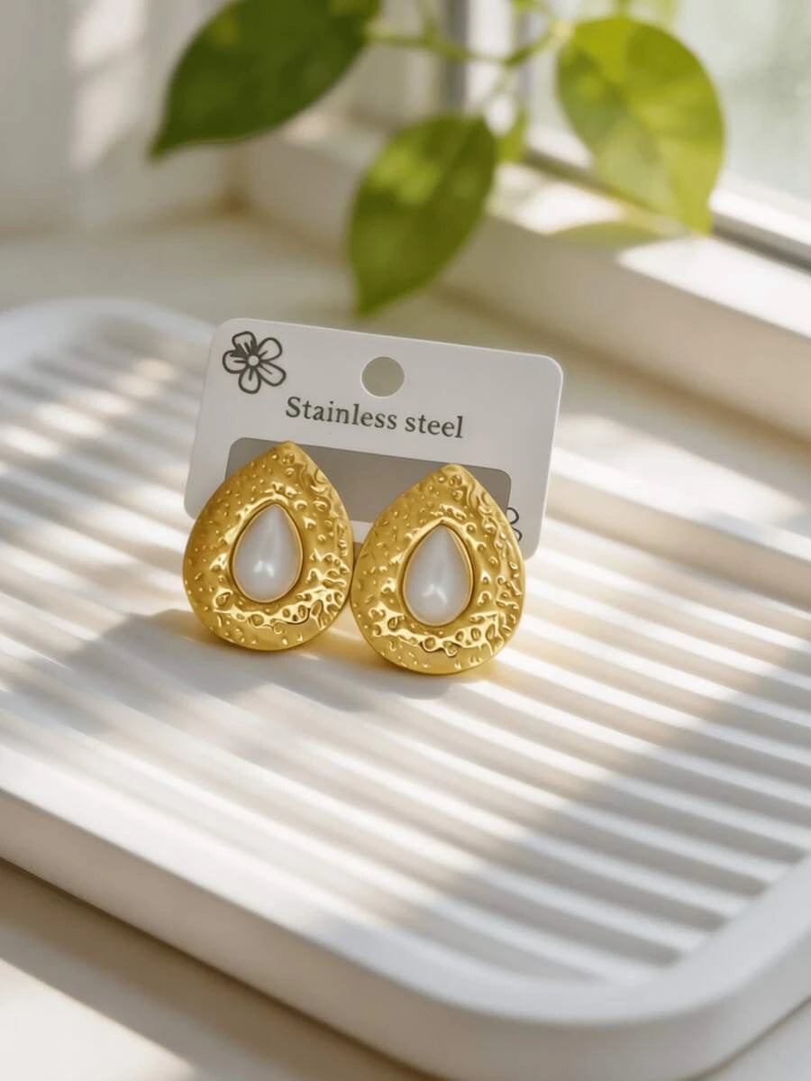 Gold Stainless Steel Vintage Textured Stud Earrings