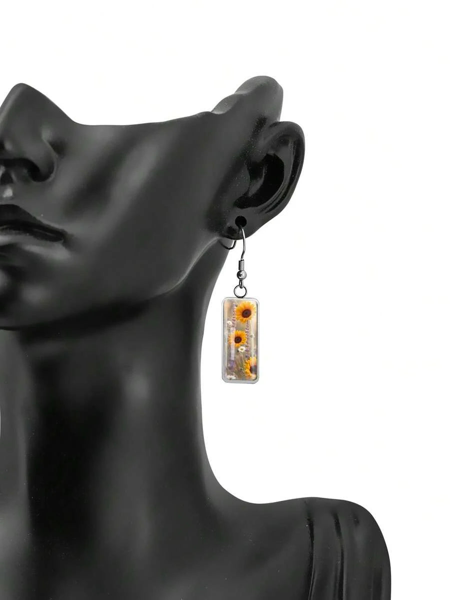 Vintage Sunflower Print Drop Earrings