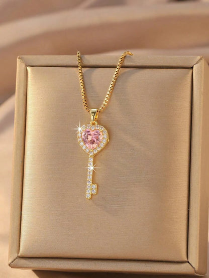 Gold Plated Heart Key Pendant Necklace