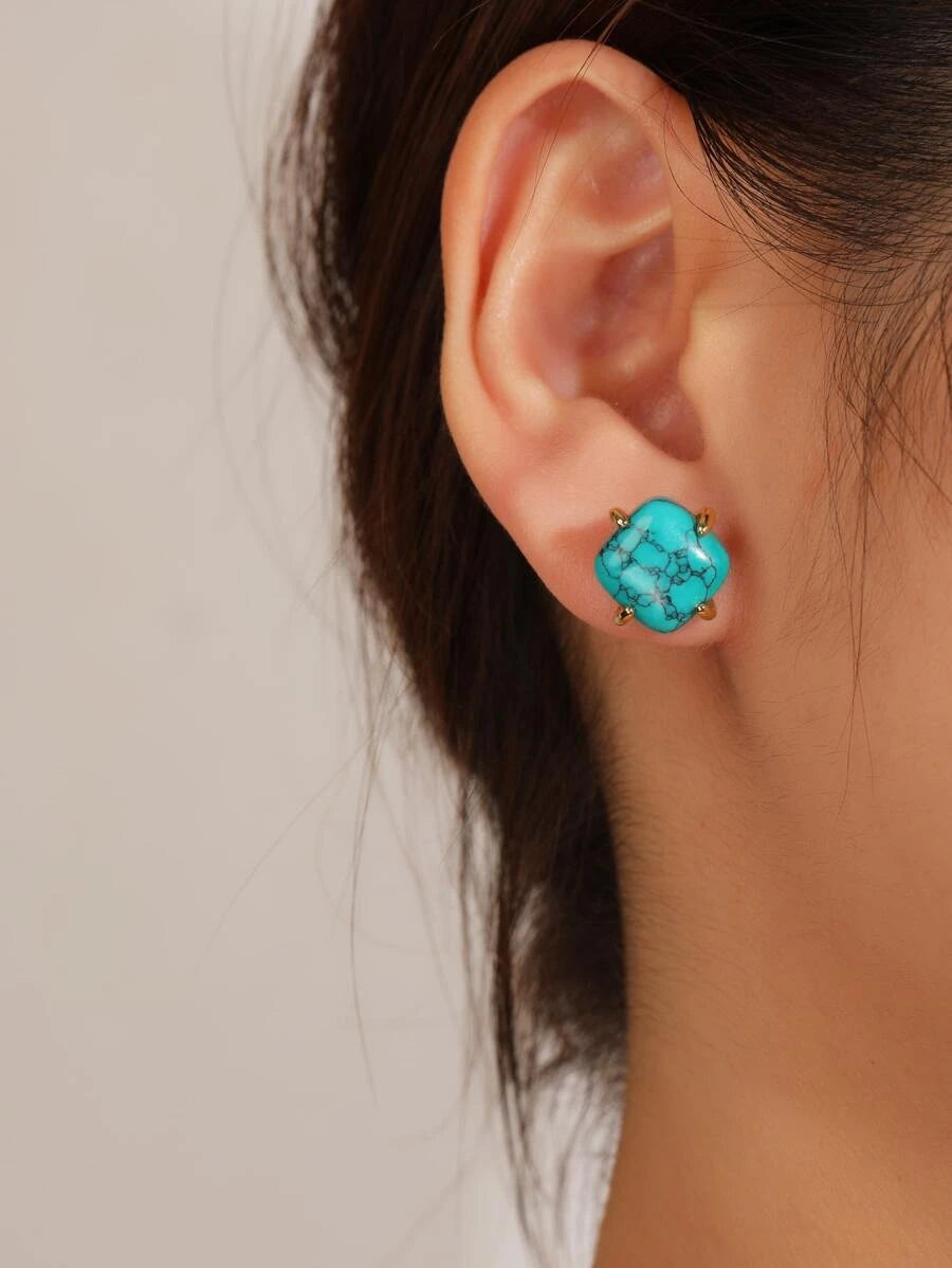Square Synthetic Turquoise Stud Earrings