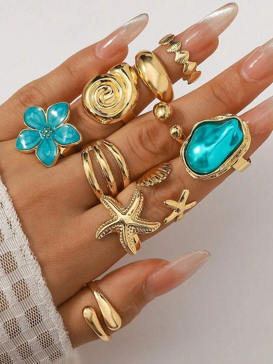 Bohemian Shell Flower Adjustable Ring Set