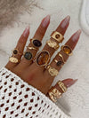 13pcs Fashion Luxury Vintage Sun Gemstone Open Ring Set, Designer Ins Style Metallic Glossy Wrinkled Finger Rings, Suitable For Party, Vacation, Gift For Friends And Family, Daily Wear