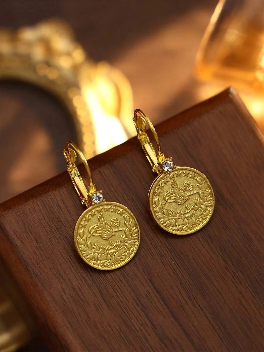 Gold Plated Coin Shaped Retro Earrings