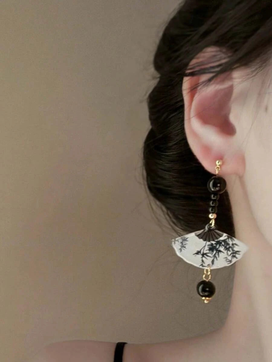 Retro Chinese Fan Resin Earrings