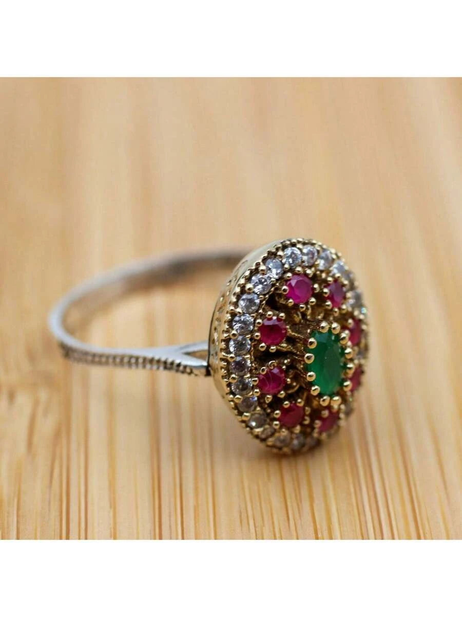 Retro Boho Red Cubic Zirconia Two Tone Ring
