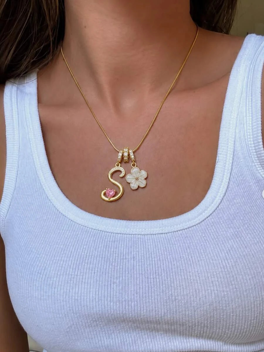 Pink Floral Heart Initial Necklace